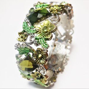 Bangle Bracelet NEW Metal Rhinestone Green FLoral Summer
